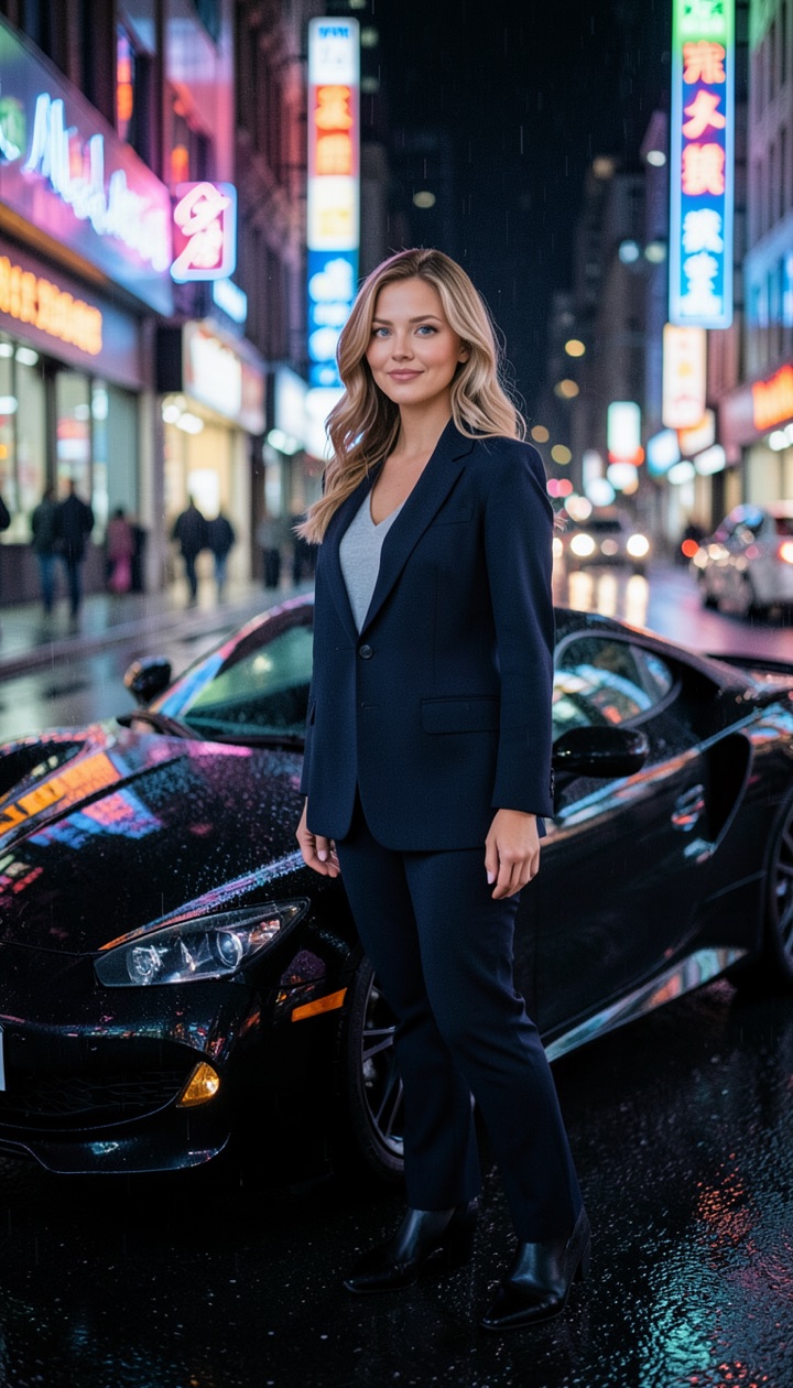 Amanda in a navy blazer beside a sports car (AI-generated)