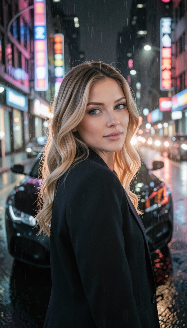 Amanda close-up with car headlights in the rain (AI-generated)