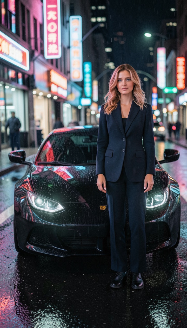 Amanda in a navy suit in front of a black sports car on a neon street (AI-generated)
