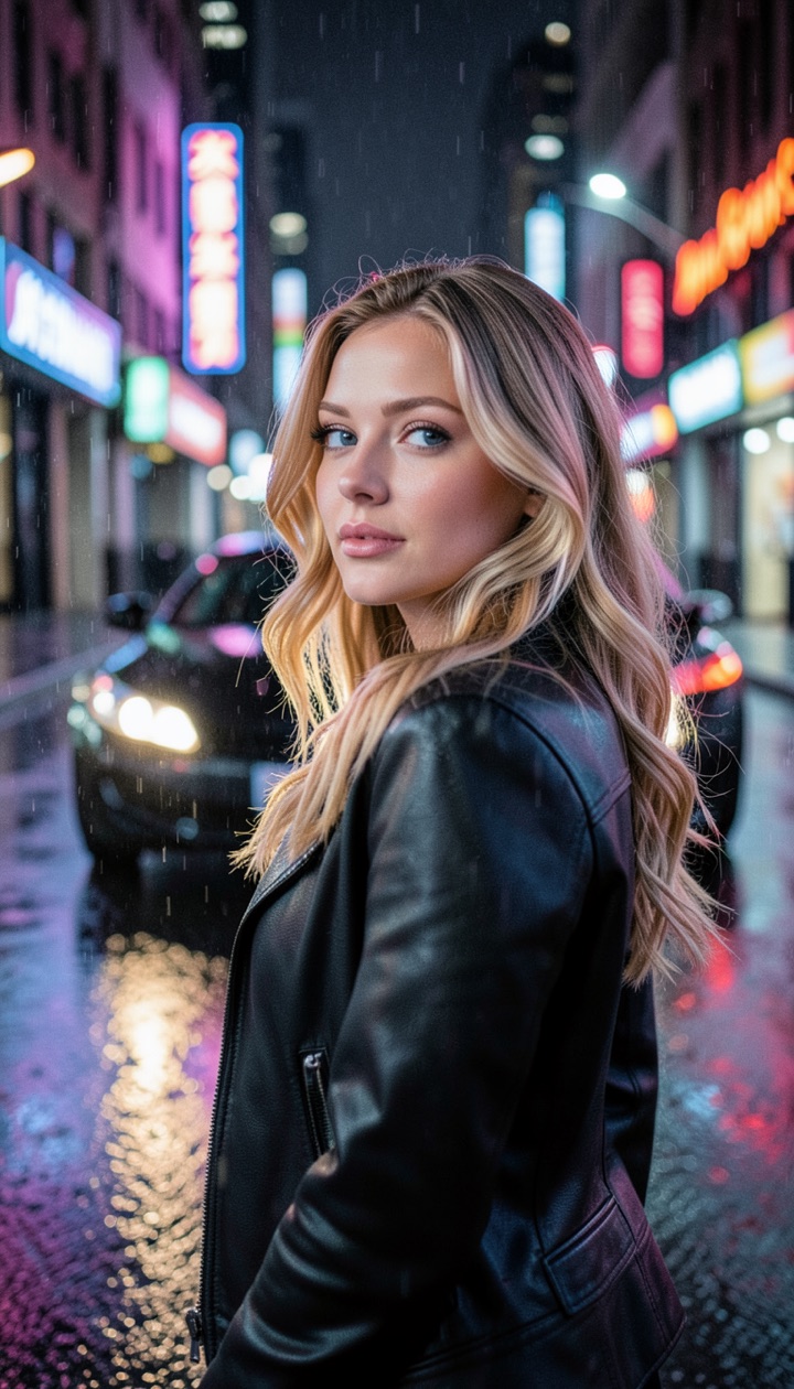 Amanda in a leather jacket on a rainy neon street at night (AI-generated)
